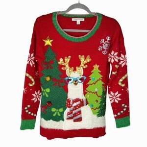 Celebrate Together Glasses Llama Holiday Christmas Sweater XS Sequins Pom Pom
